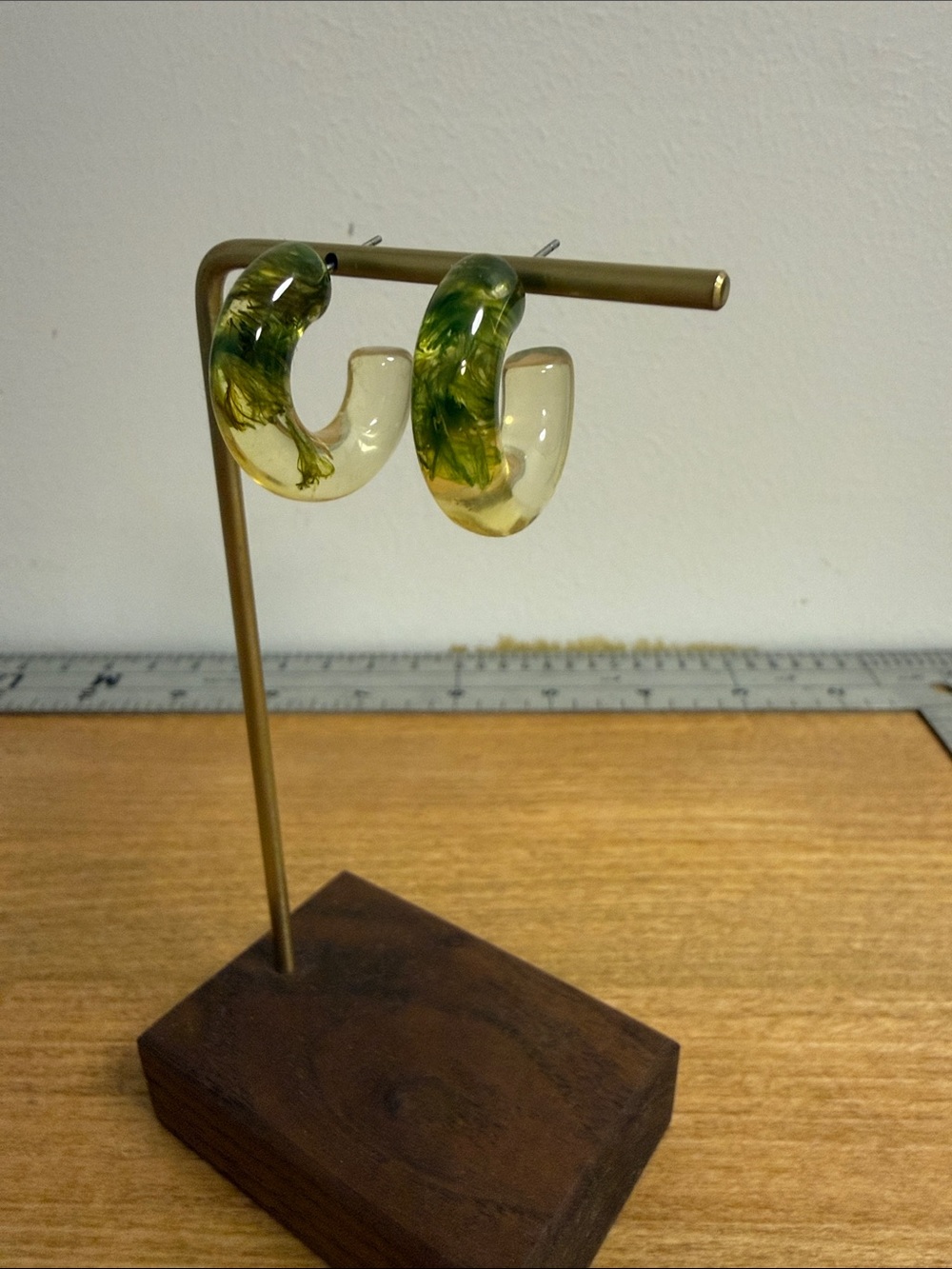 Clear resin with green plant moss inclusion half circle medium earrings